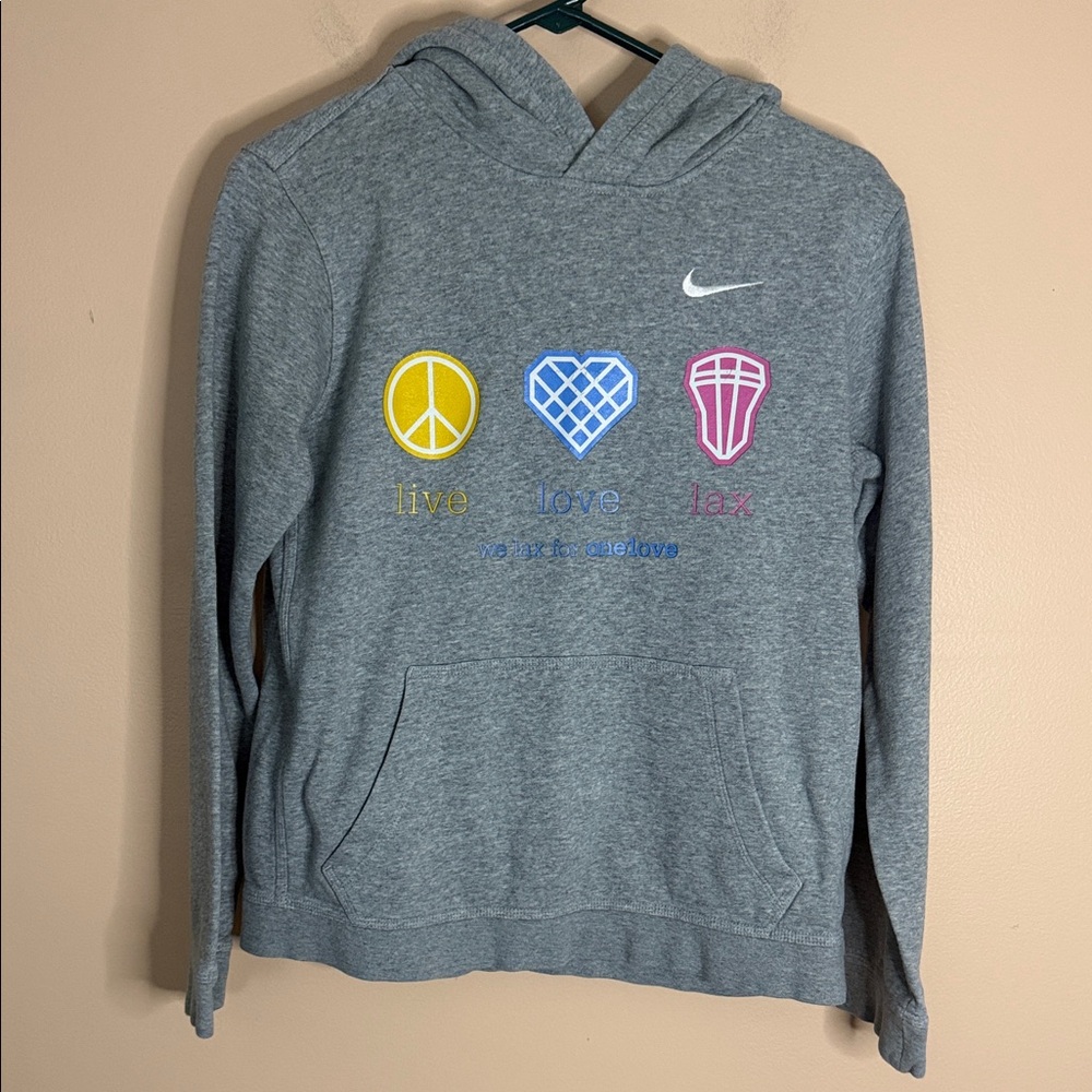 Nike Gray Hoodie with Yellow, Blue & Pink Icons